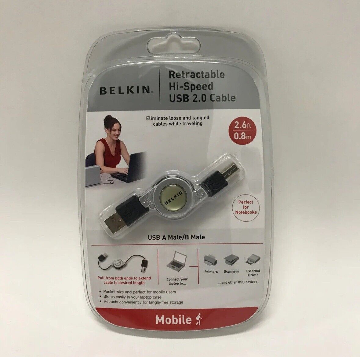 Belkin Retractable USB-A To USB-B Hi-Speed USB 2.0 Cable - 2.6FT
